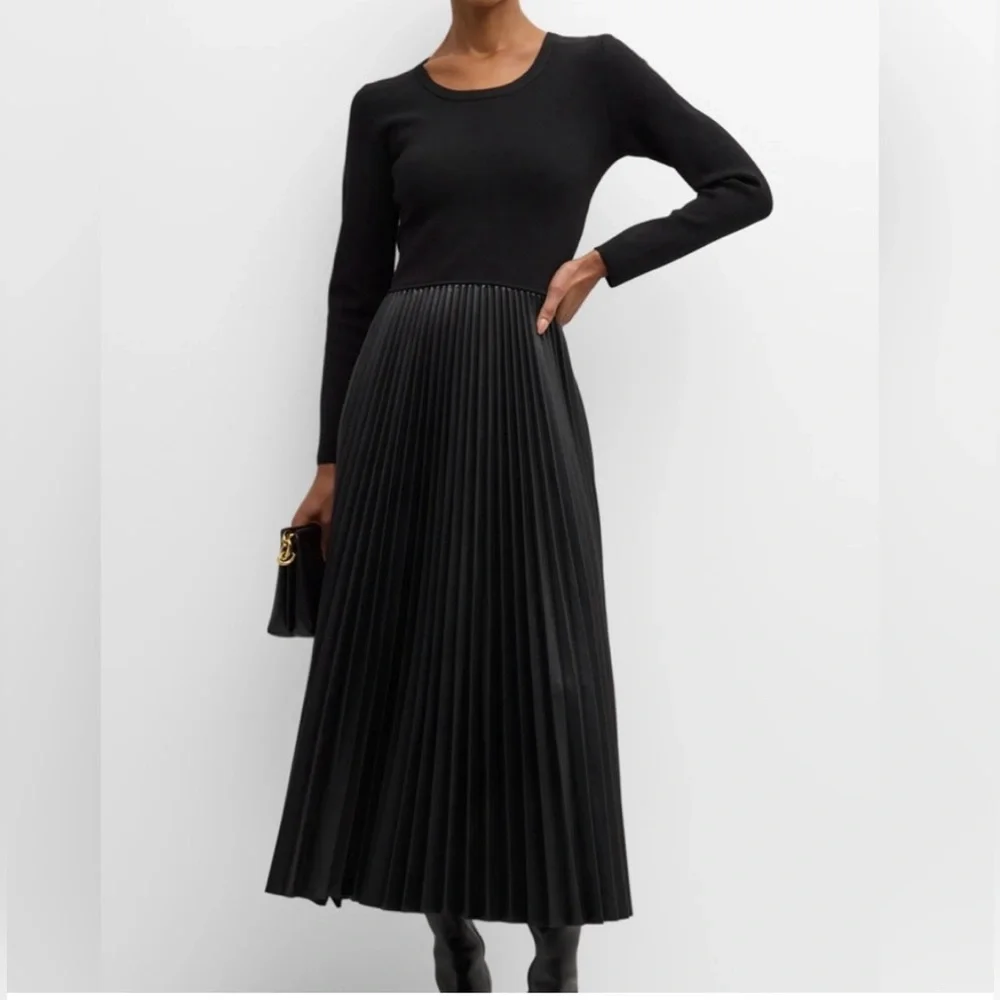 Elie Tahari leather The Amalia Pleated Mixed Media Sweater Dress
Color black - Picture 1 of 13